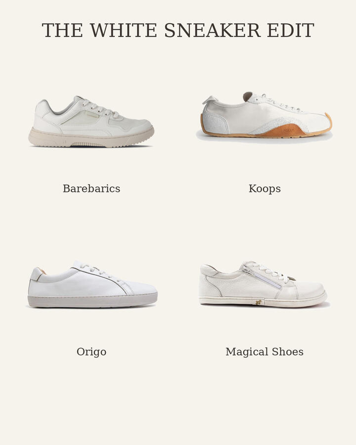 Untitled White sneaker style edit comparing stylish barefoot sneakers.